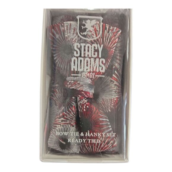 STACY ADAMS BURGUNDY SILVER BLACK FASHION BOXED BOW TIE & POCKET SQUARE SET. - Picture 4 of 5